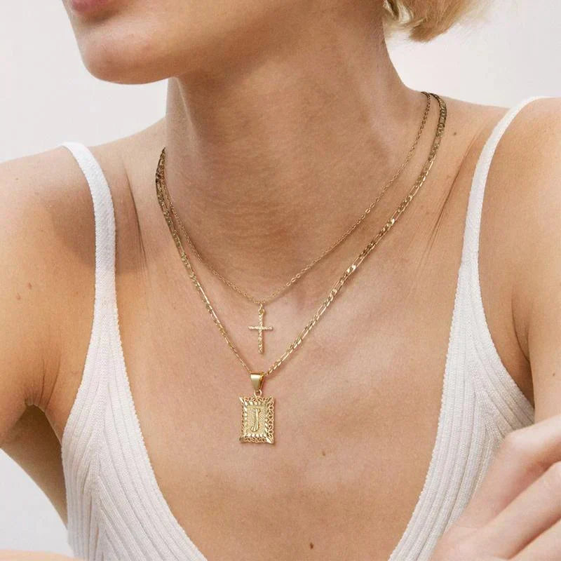 Initial and Cross Necklace Set | Gold