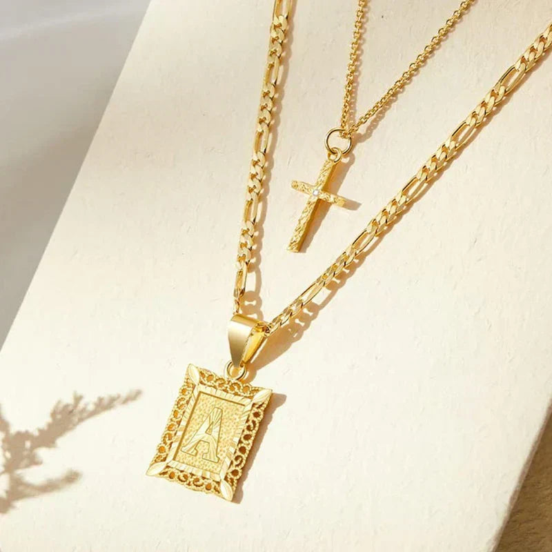Initial and Cross Necklace Set | Gold