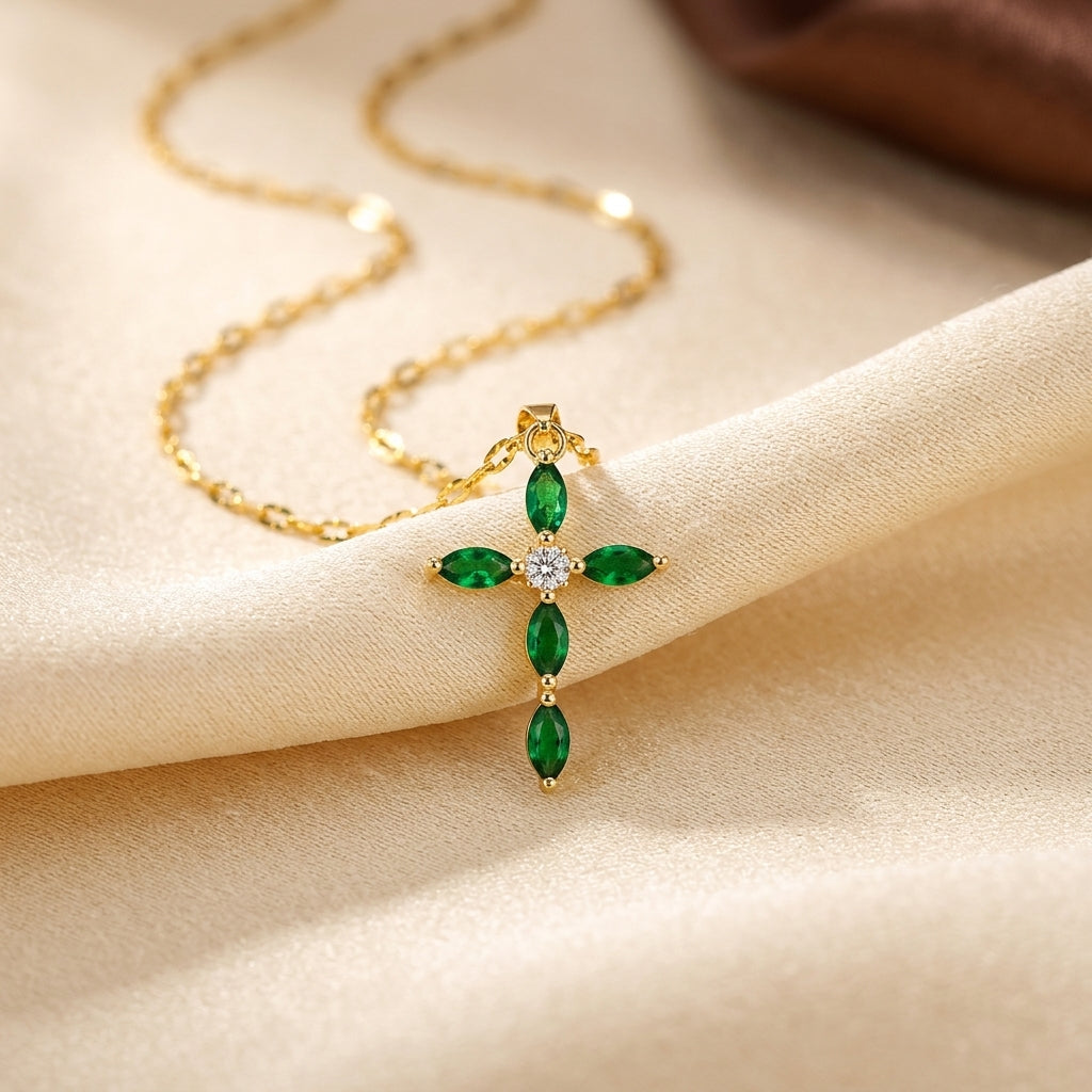 Domitille — Gold Emerald Marquise Cross Necklace
