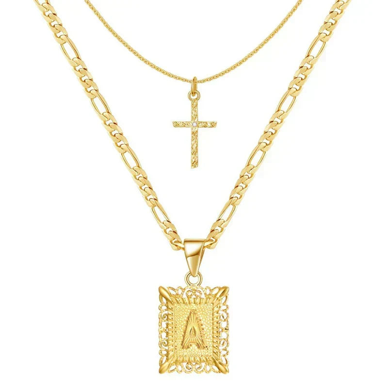 Initial and Cross Necklace Set | Gold