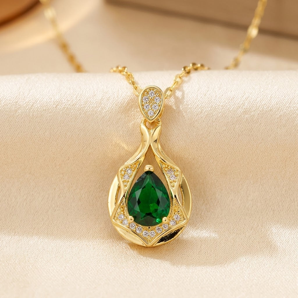 Marine — Gold Emerald Teardrop Pendant Necklace