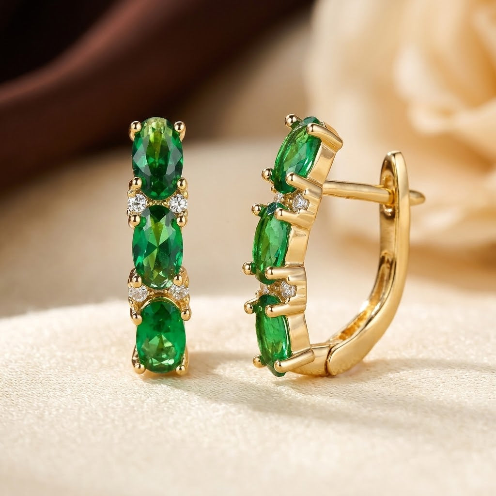 Diane — Gold Emerald Vertical Hoop Earrings