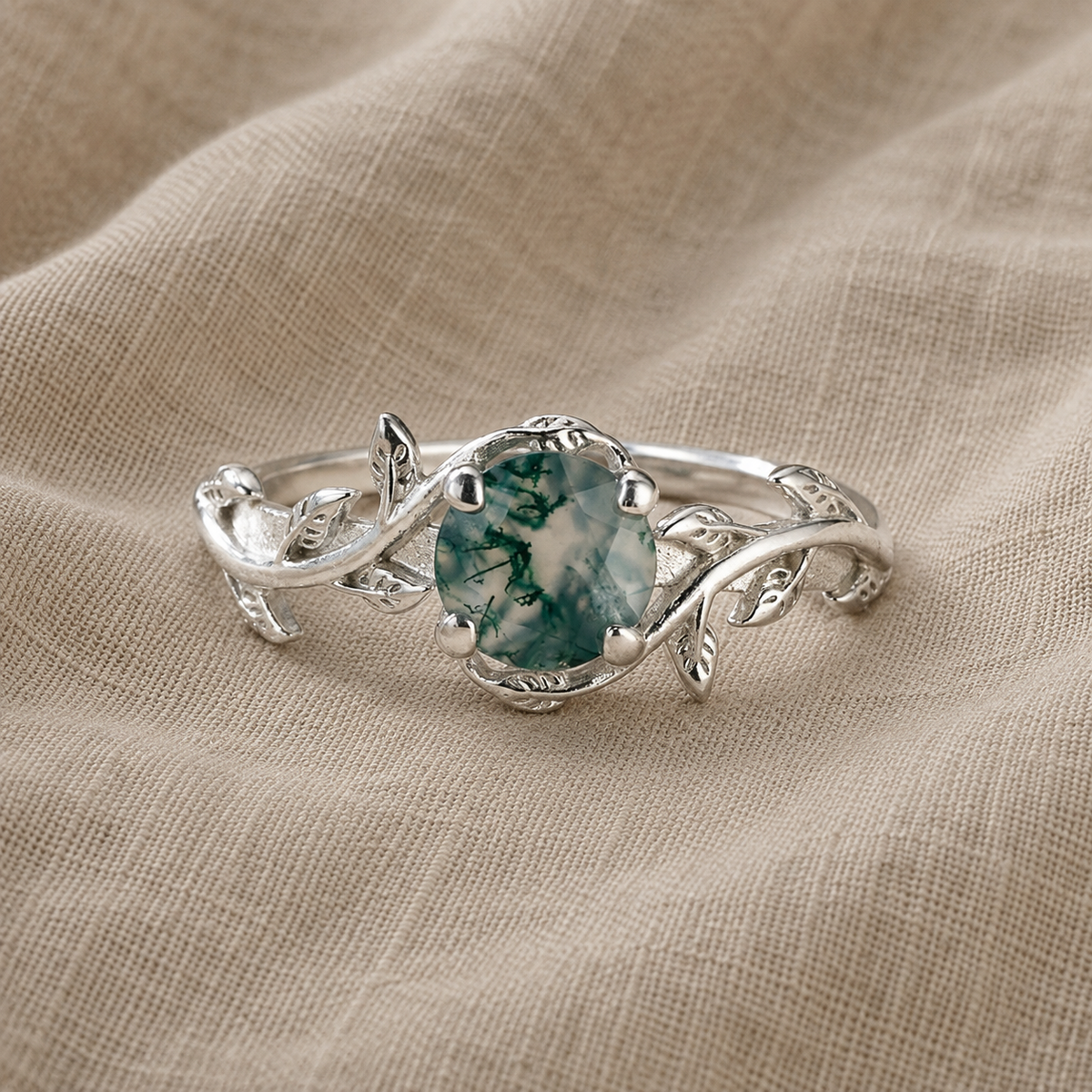Inka — Retro Round Agate Leaf Ring