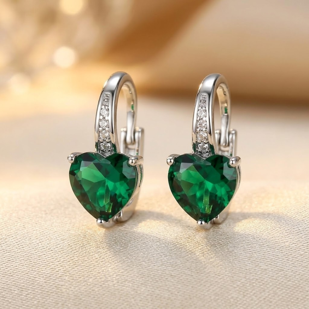 Gabrielle — Silver Emerald Heart Hoop Earrings