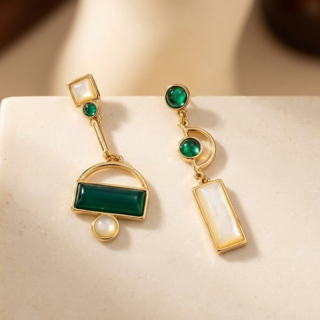 Axelle — Geometric Gold Emerald Earrings