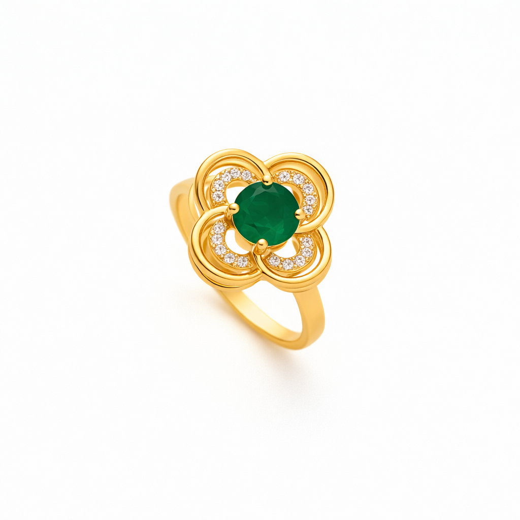 Rotating Halo Clover Emerald Ring | Gold