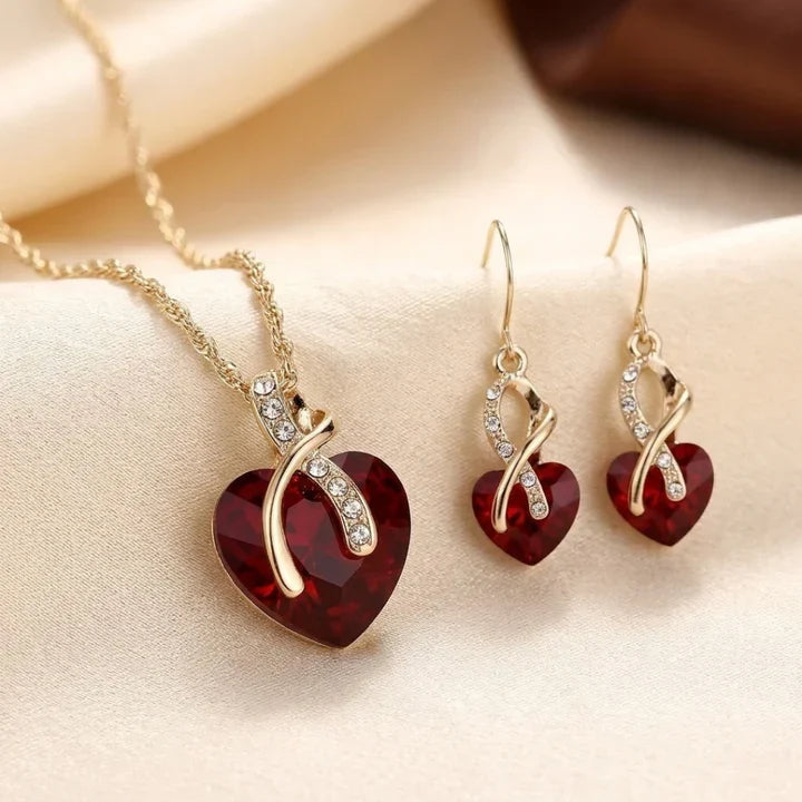 Fleurine — Twisted Gold Ruby Heart Jewelry Set