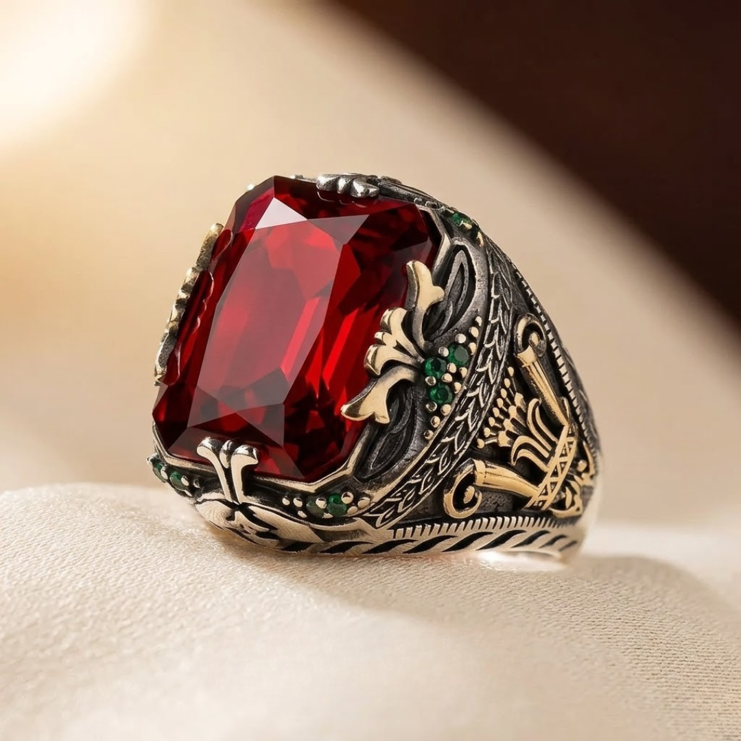 Gisele — Ornate Silver Ruby Signet Ring