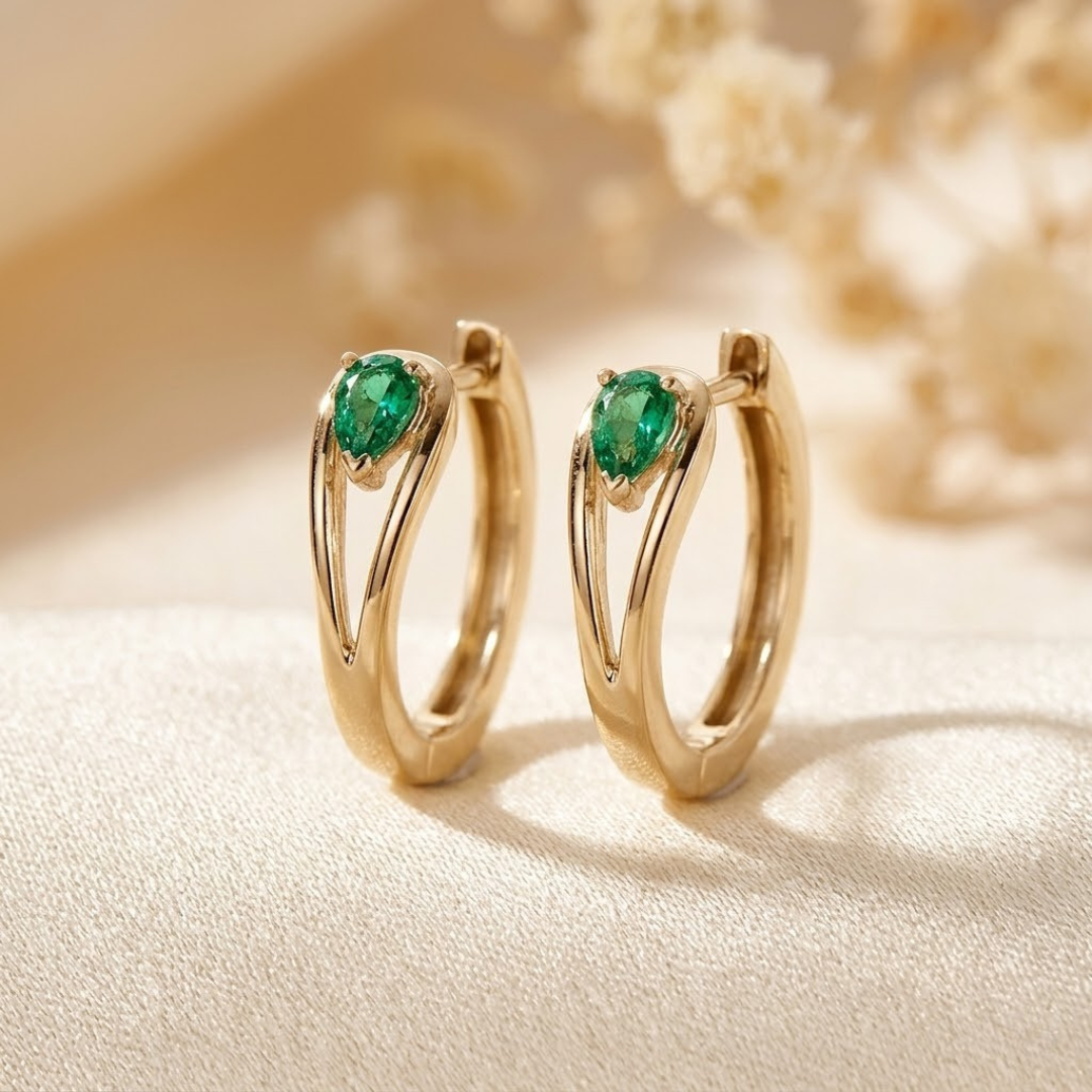 Irene — Gold Emerald Hoop Earrings