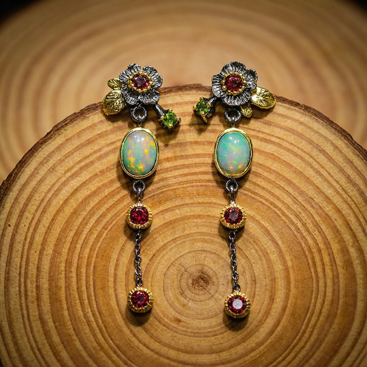 Boho Earrings with Opal and Red Zirconia