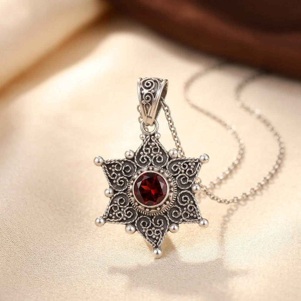Lydie — Silver Ruby Star Pendant Necklace