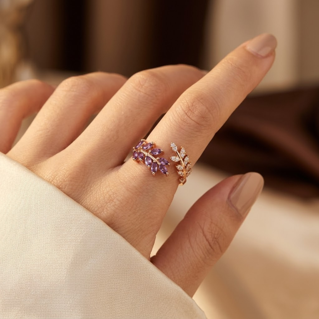 Lea — Gold Amethyst Leaf Ring