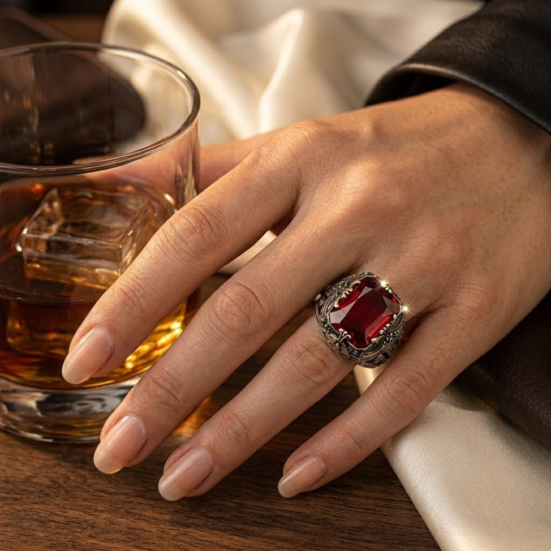 Gisele — Ornate Silver Ruby Signet Ring