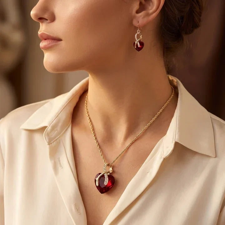 Fleurine — Twisted Gold Ruby Heart Jewelry Set