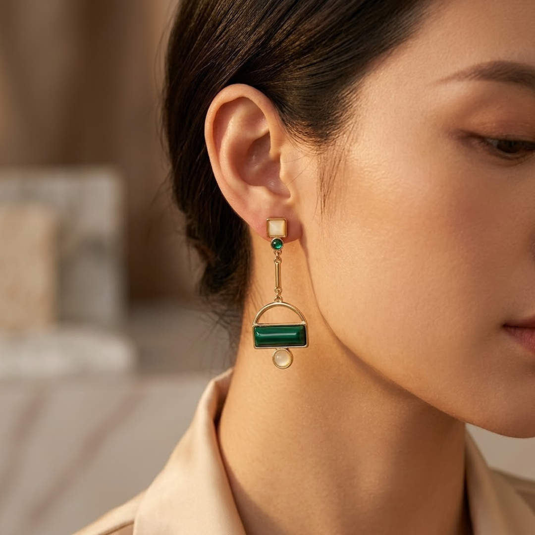 Axelle — Geometric Gold Emerald Earrings