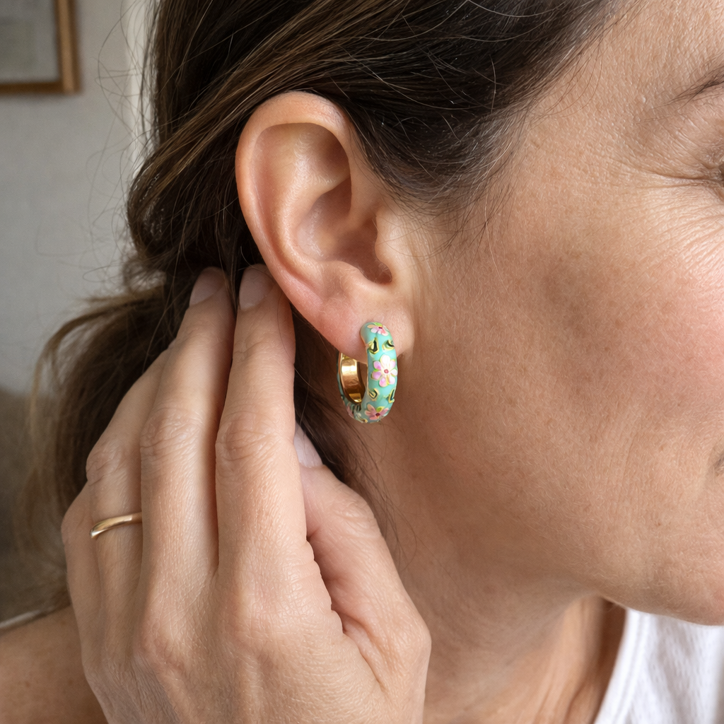 Multicolored Floral Hoop Earrings | Gold