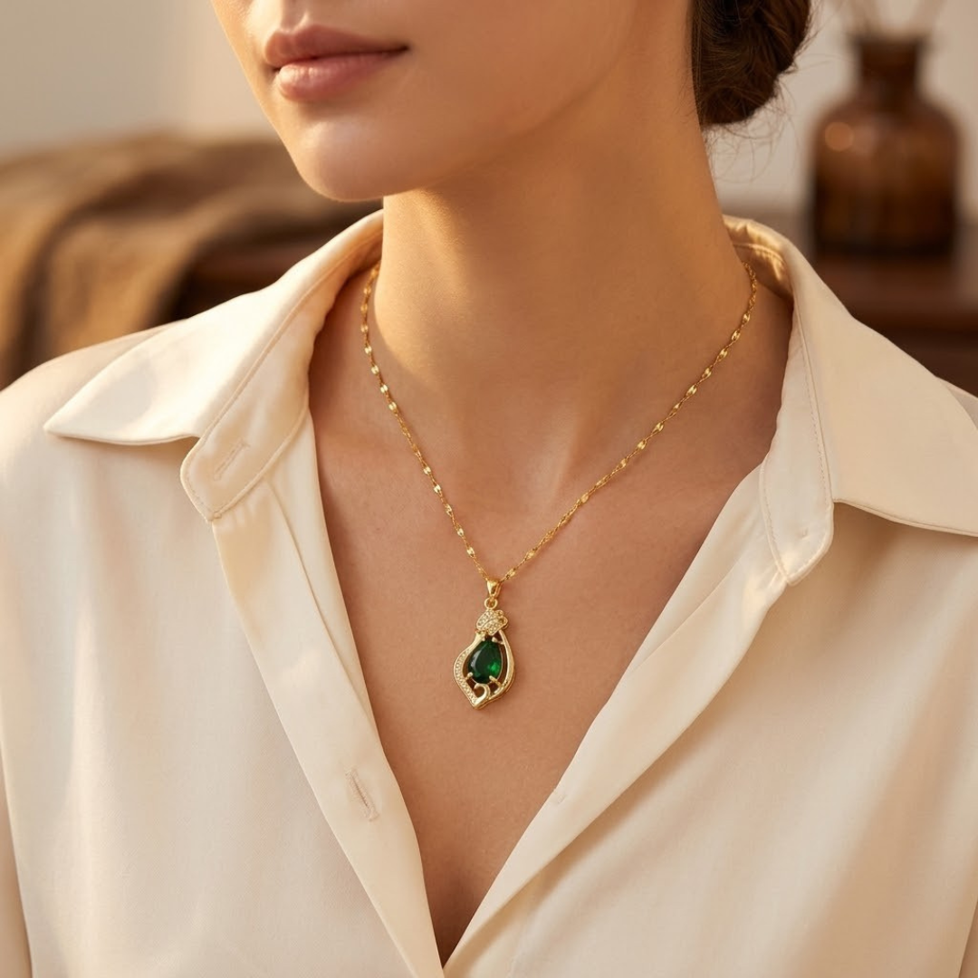 Marine — Gold Emerald Teardrop Pendant Necklace