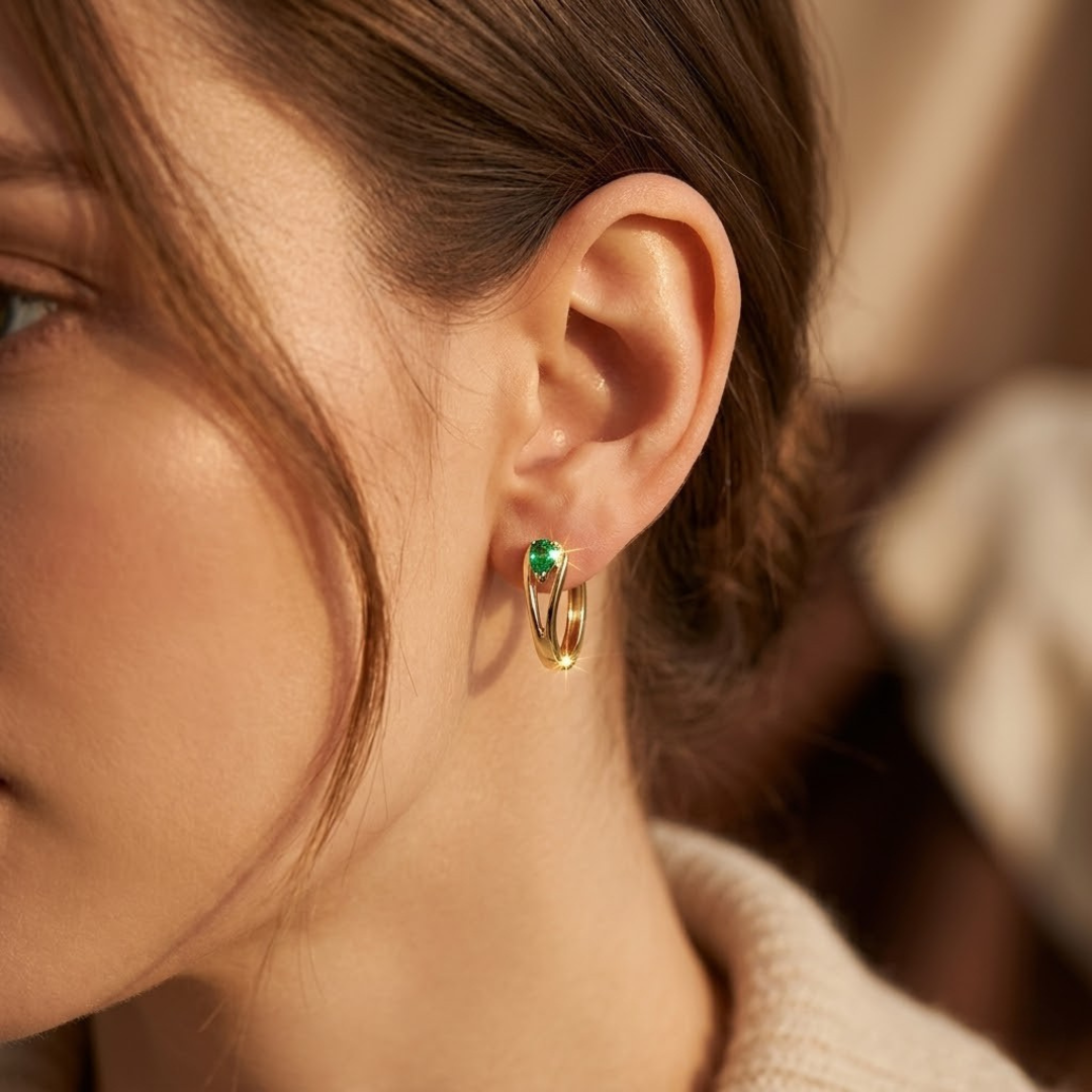 Irene — Gold Emerald Hoop Earrings