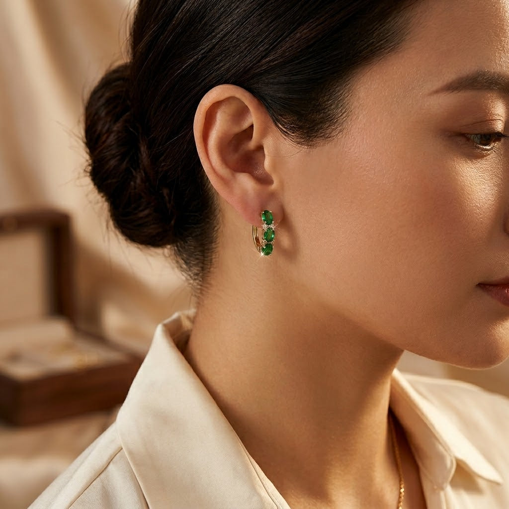 Diane — Gold Emerald Vertical Hoop Earrings