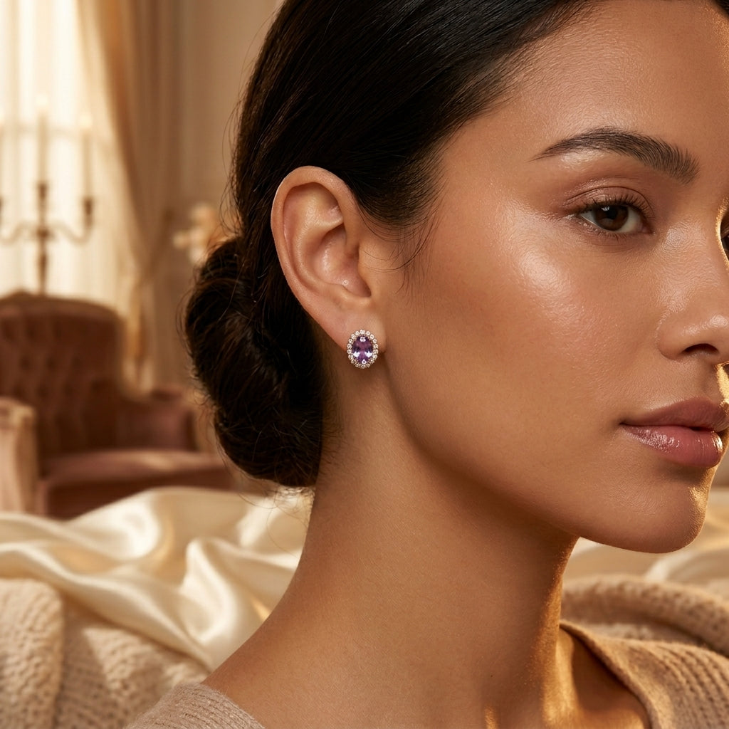 Jeanne — Gold Amethyst Halo Earrings
