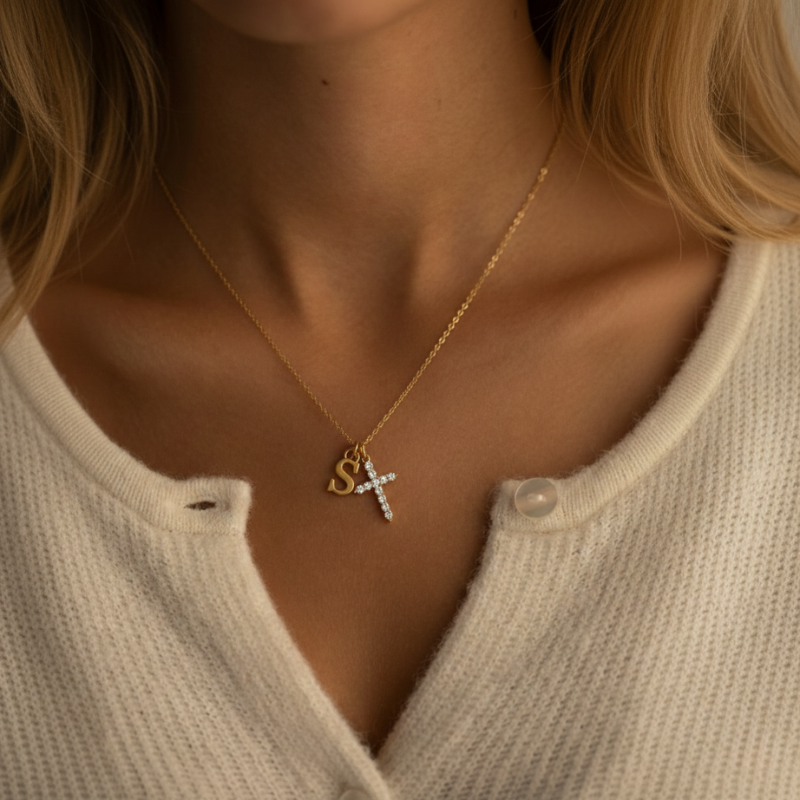 Ottavia — Initial & Crystal Cross Necklace