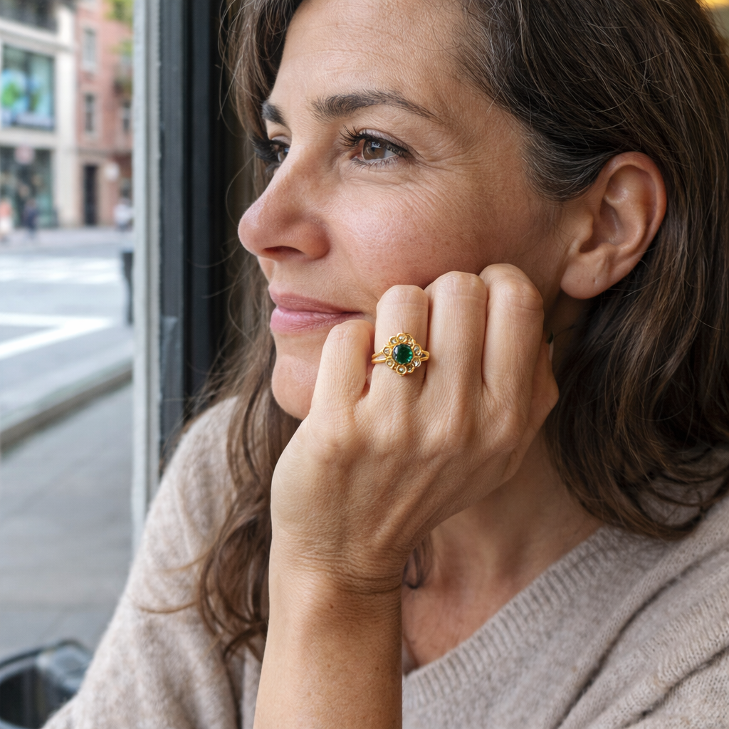 Rotating Halo Clover Emerald Ring | Gold