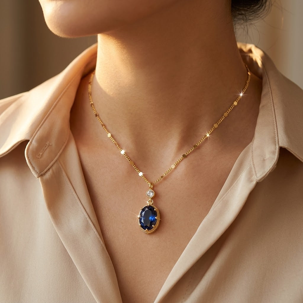 Salome — Gold Sapphire Oval Pendant Necklace