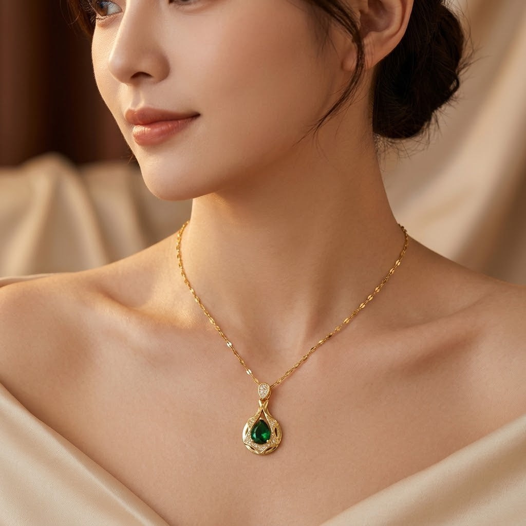 Marine — Gold Emerald Teardrop Pendant Necklace