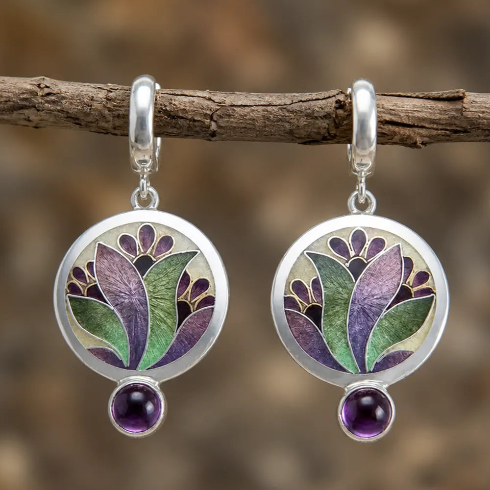 Boho Earrings with Purple Crystals in Sterling Silver
