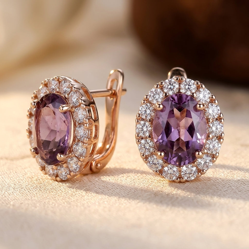 Jeanne — Gold Amethyst Halo Earrings