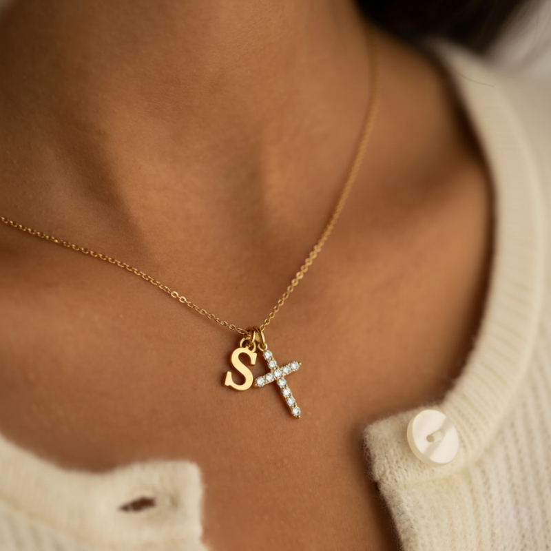 Ottavia — Initial & Crystal Cross Necklace