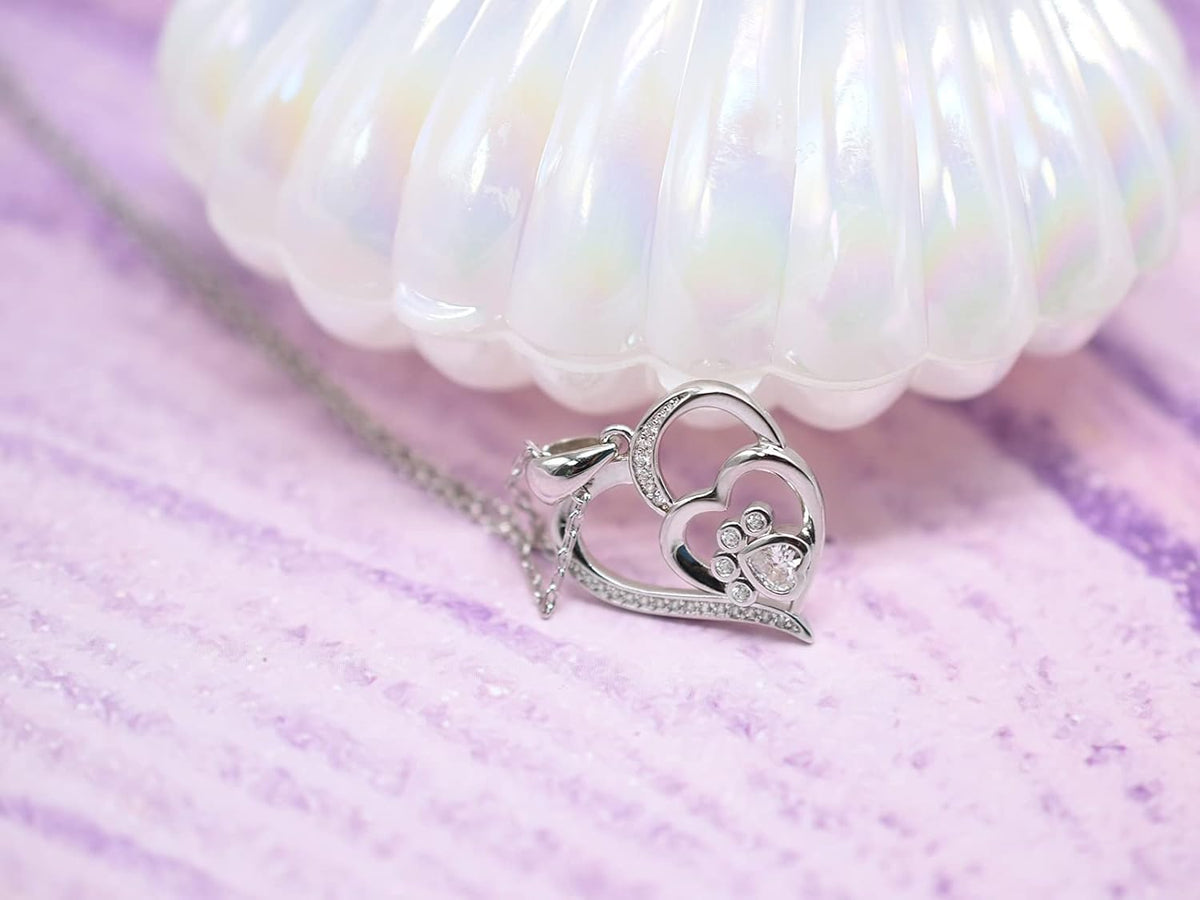 Millie — Sterling Silver Paw & Heart Necklace with Zirconia