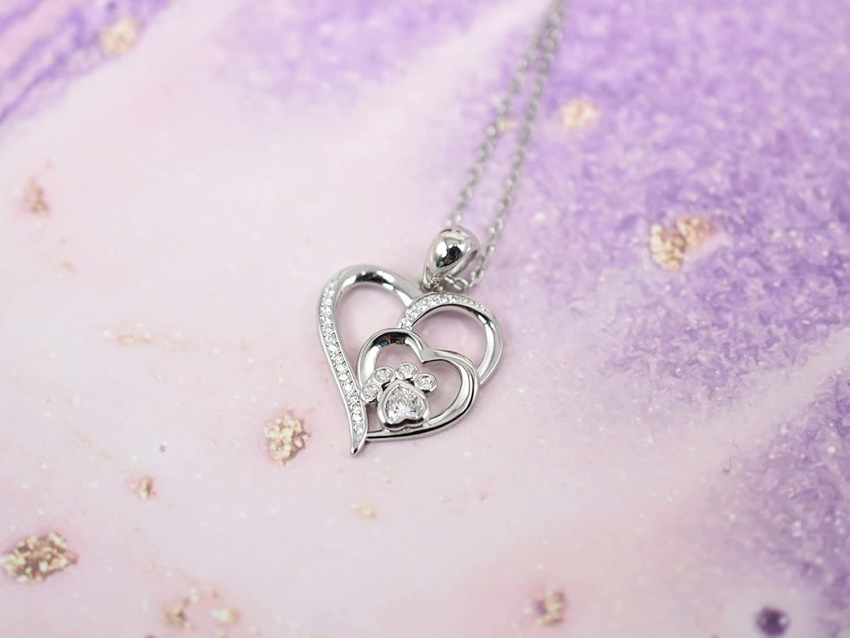 Millie — Sterling Silver Paw & Heart Necklace with Zirconia