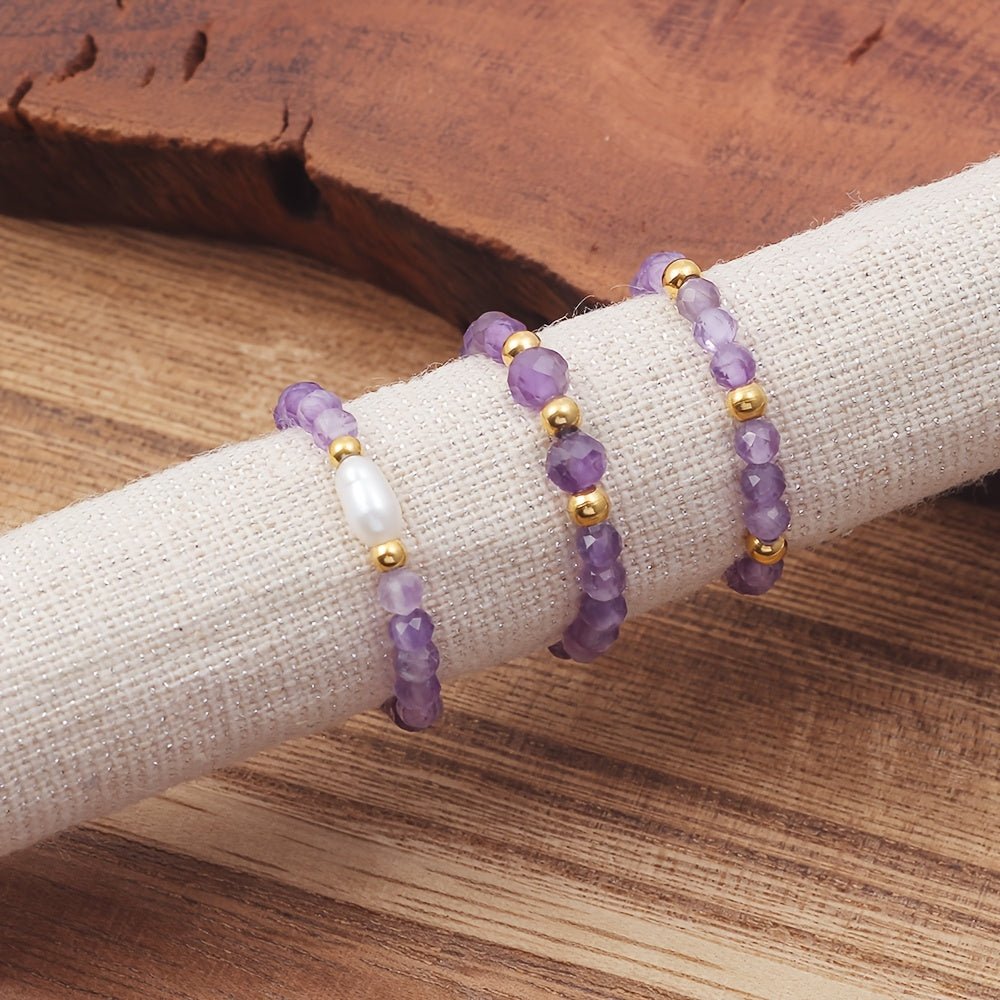 Winsome — 3pcs Set Amethyst Beaded Rings