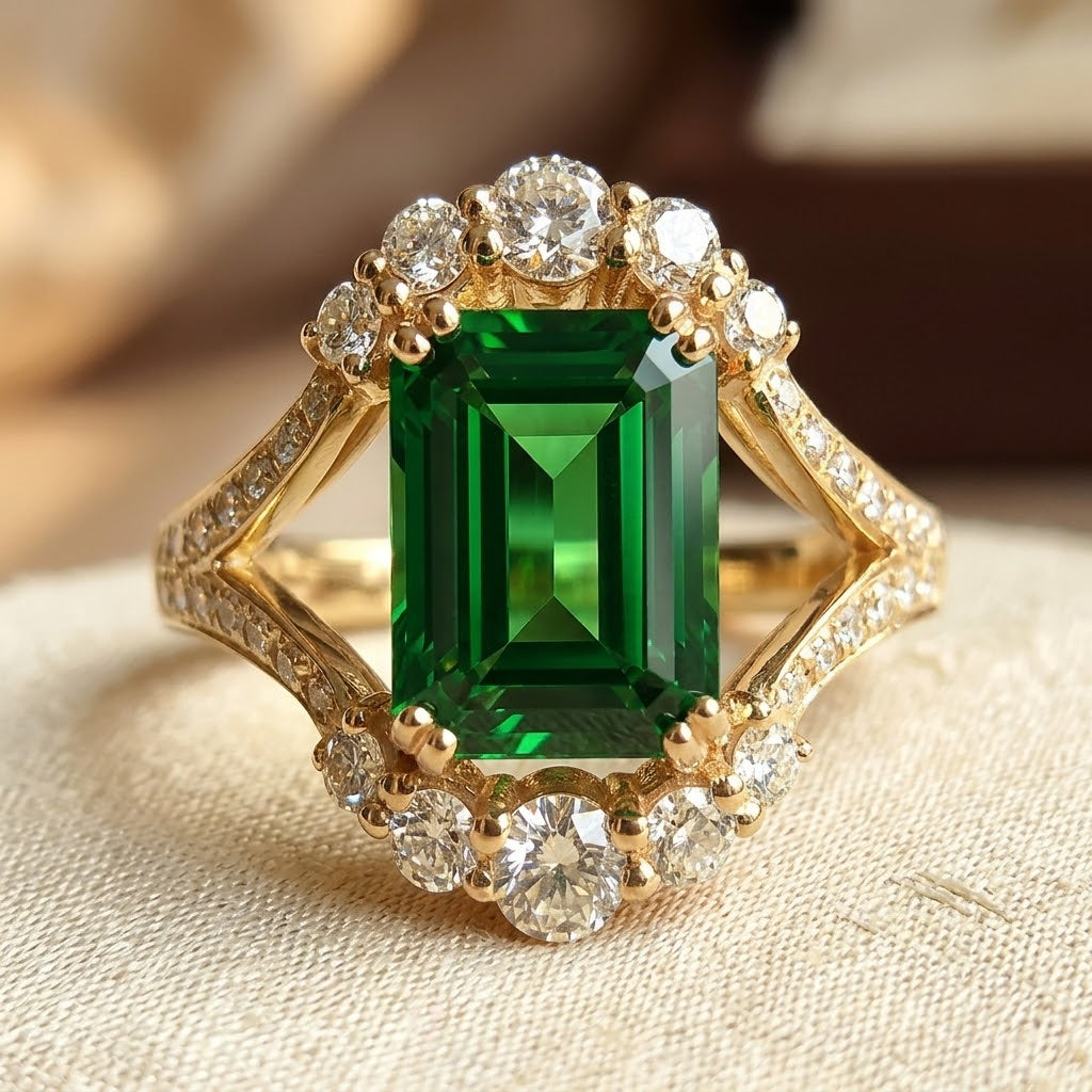 Estelle — Gold Emerald Halo Ring