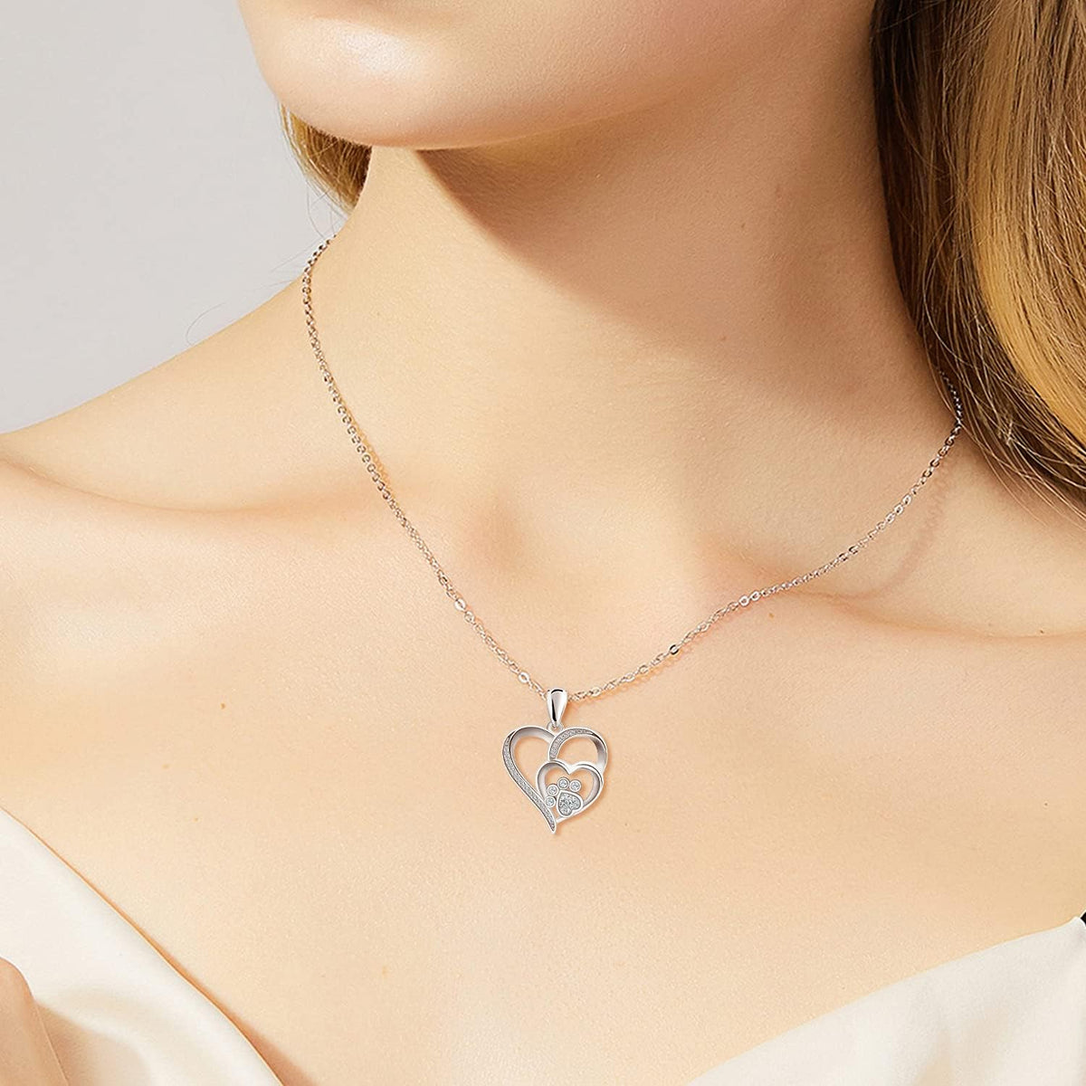 Millie — Sterling Silver Paw & Heart Necklace with Zirconia