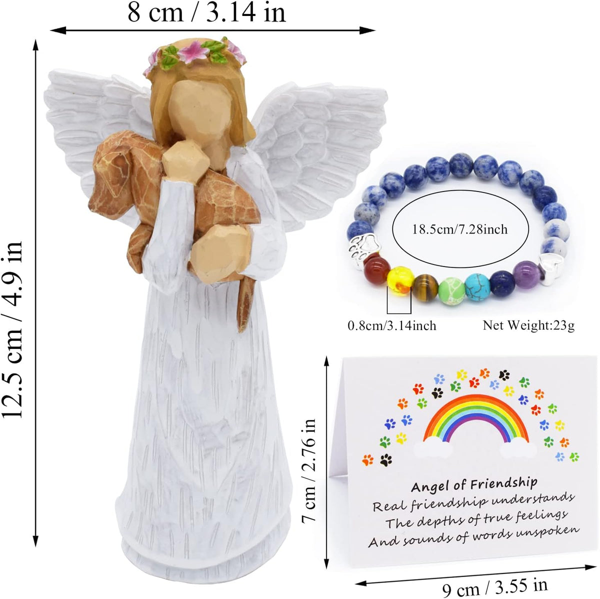 Stevie — Dog Memorial Gift Set with Angel of Friendship Figurine & Rainbow Bridge Chakra Bracelet