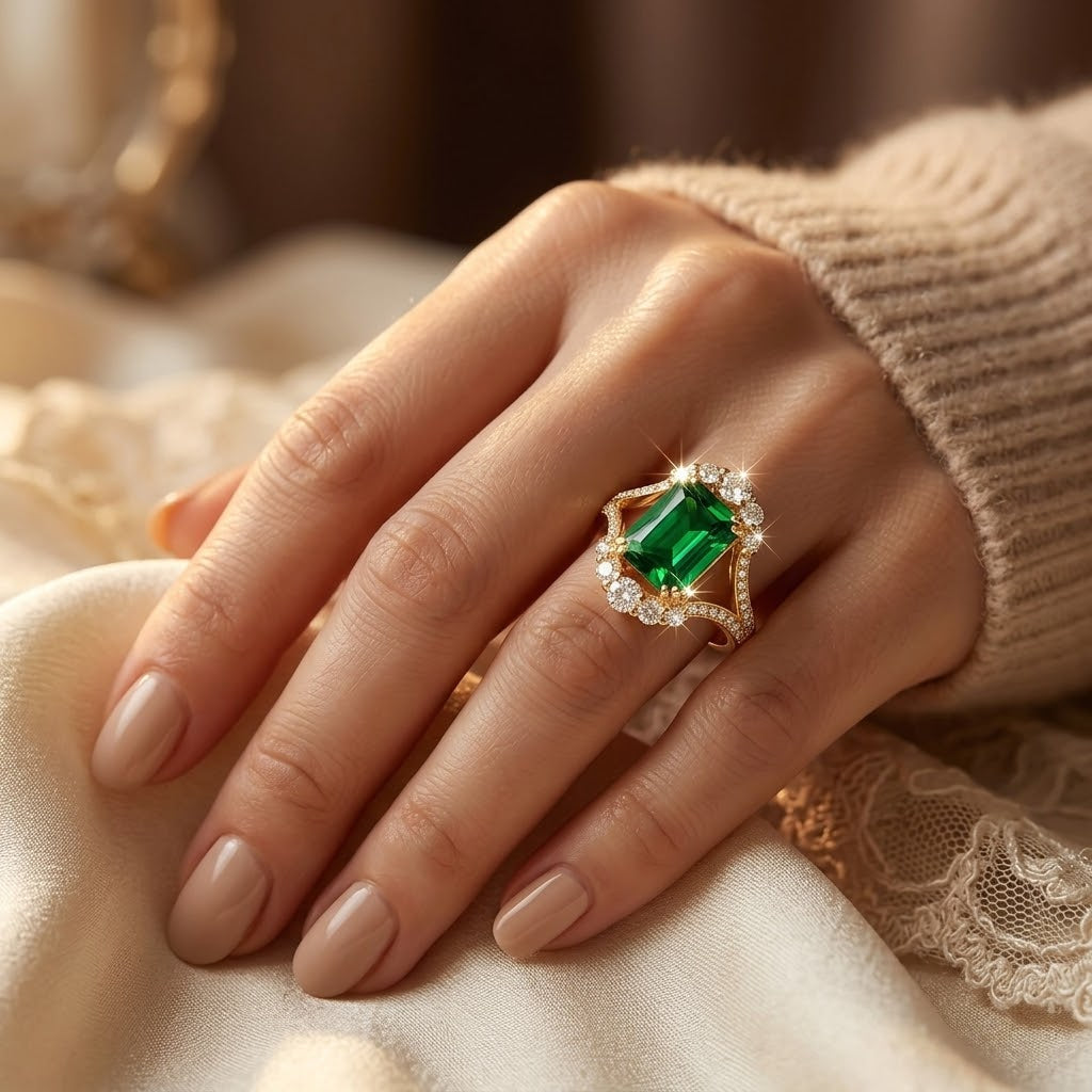Estelle — Gold Emerald Halo Ring