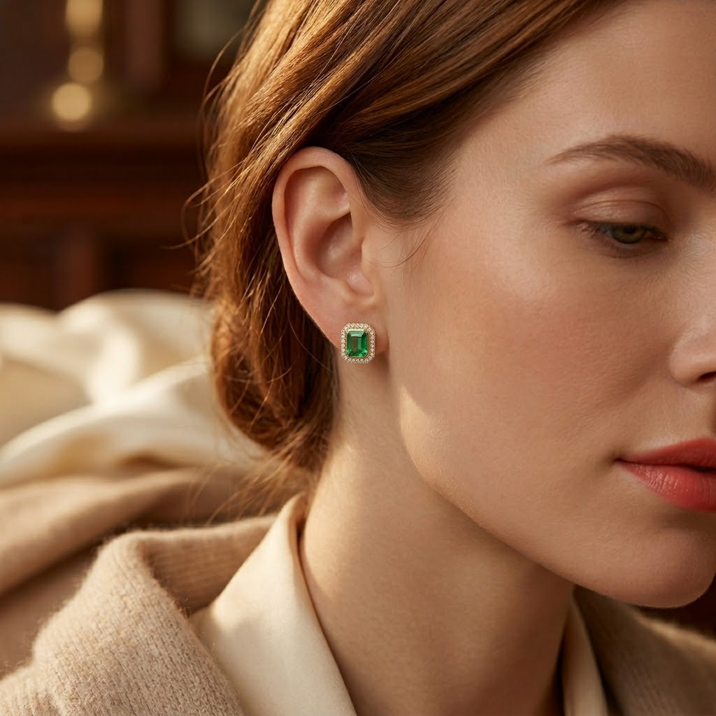 Blanche — Gold Emerald Square Earrings