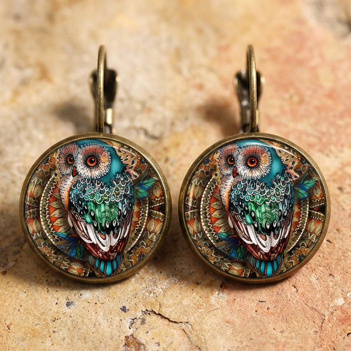 Vintage Rounded Crystal Owl Earrings