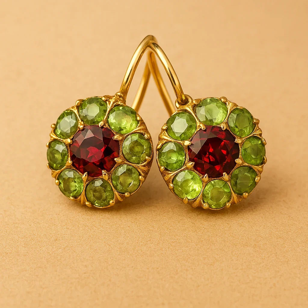 Sherry — Retro Round Crystal Earrings in Green and Red