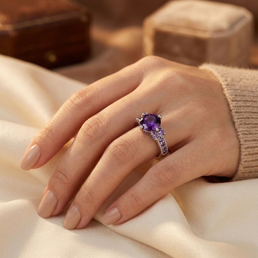 Justine — Silver Amethyst Side-Stone Ring