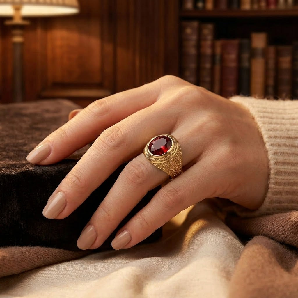 Perrine — Engraved Gold Ruby Ring