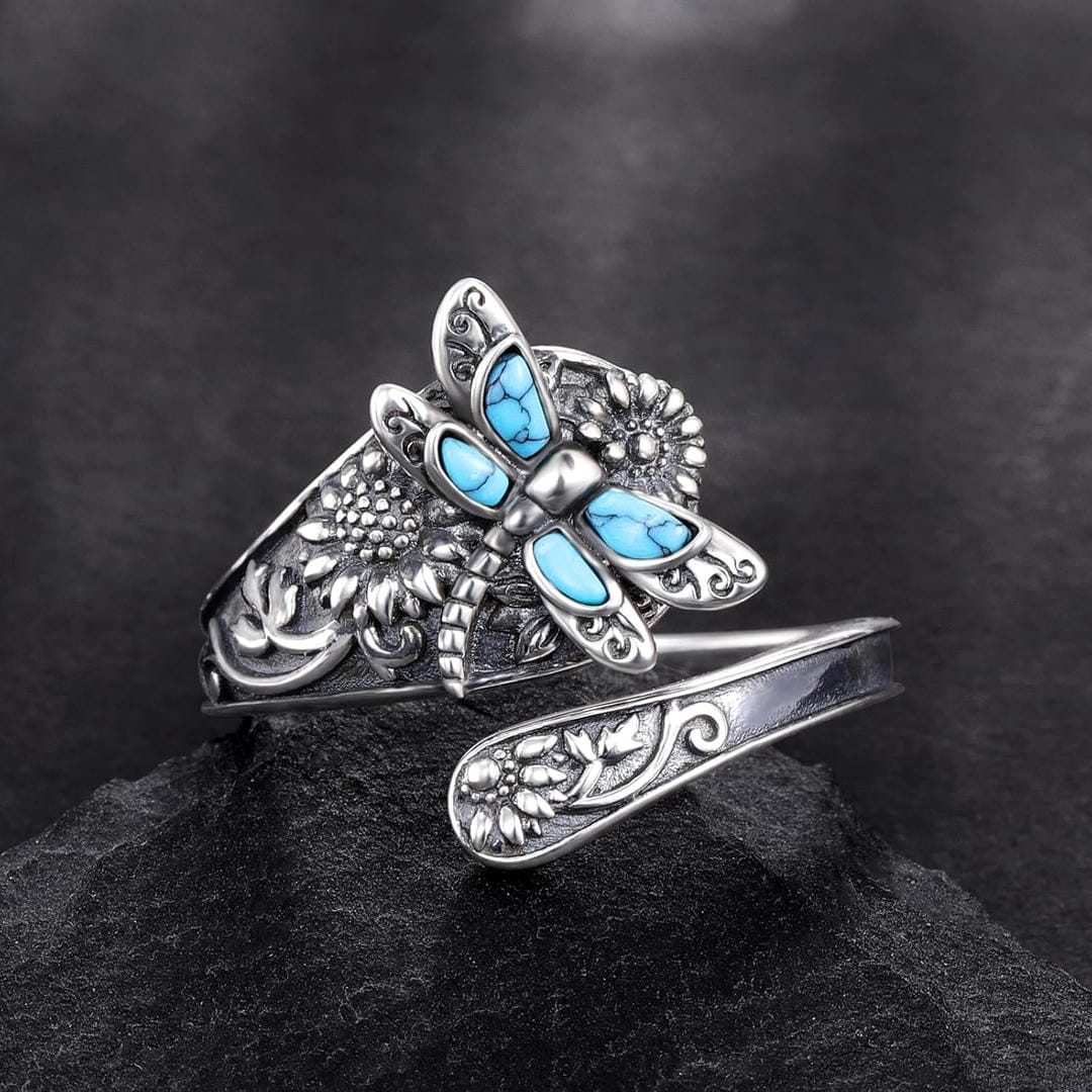 Rue — Adjustable Silver Turquoise Dragonfly Ring
