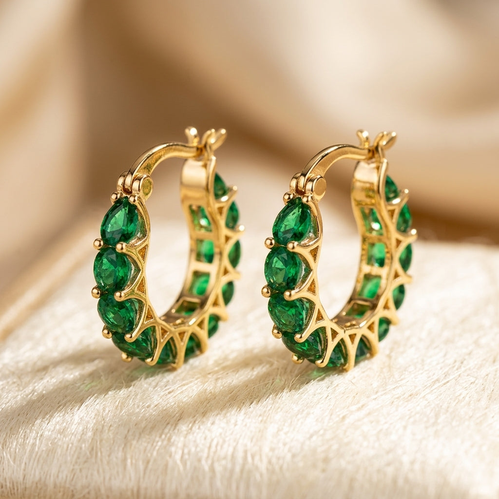 Laure — Gold Emerald Hoop Earrings