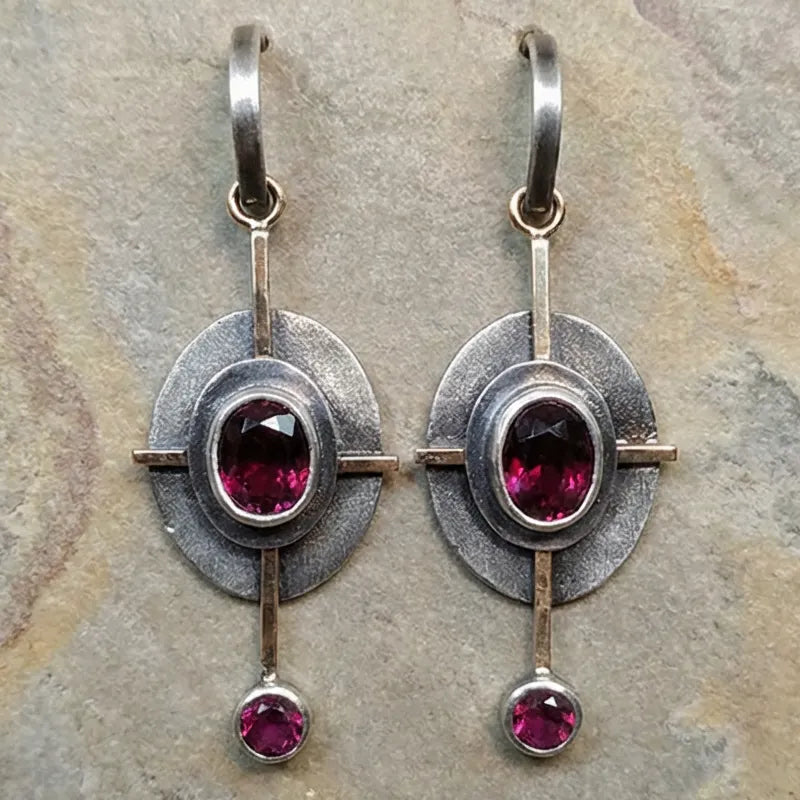 Boho Earrings with Garnet Crystal in Sterling Silver