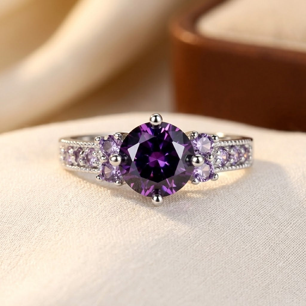 Justine — Silver Amethyst Side-Stone Ring