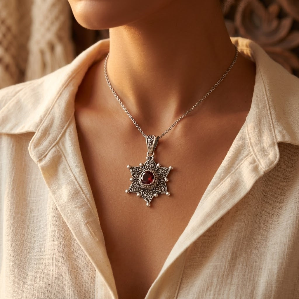 Lydie — Silver Ruby Star Pendant Necklace
