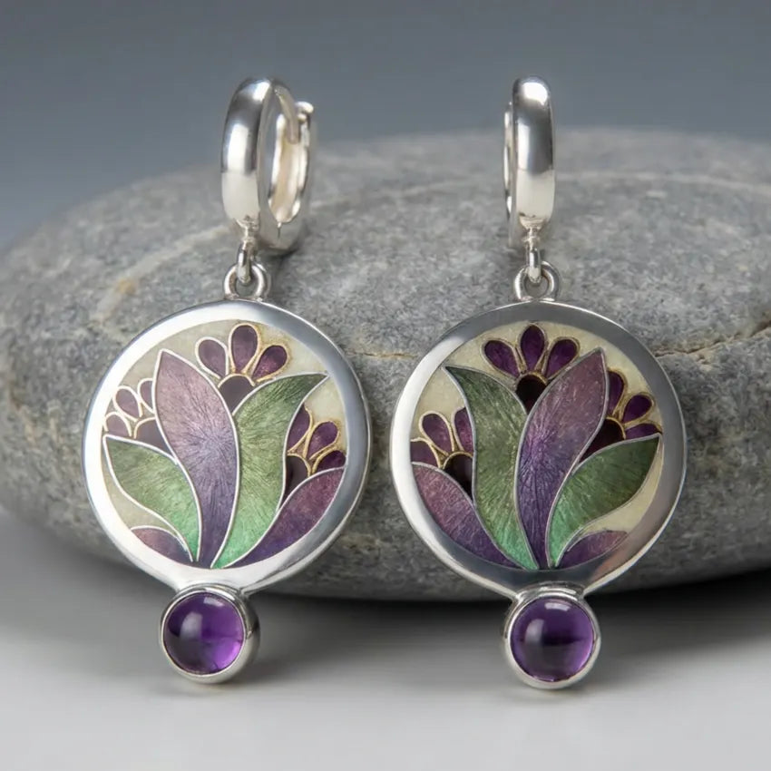 Boho Earrings with Purple Crystals in Sterling Silver