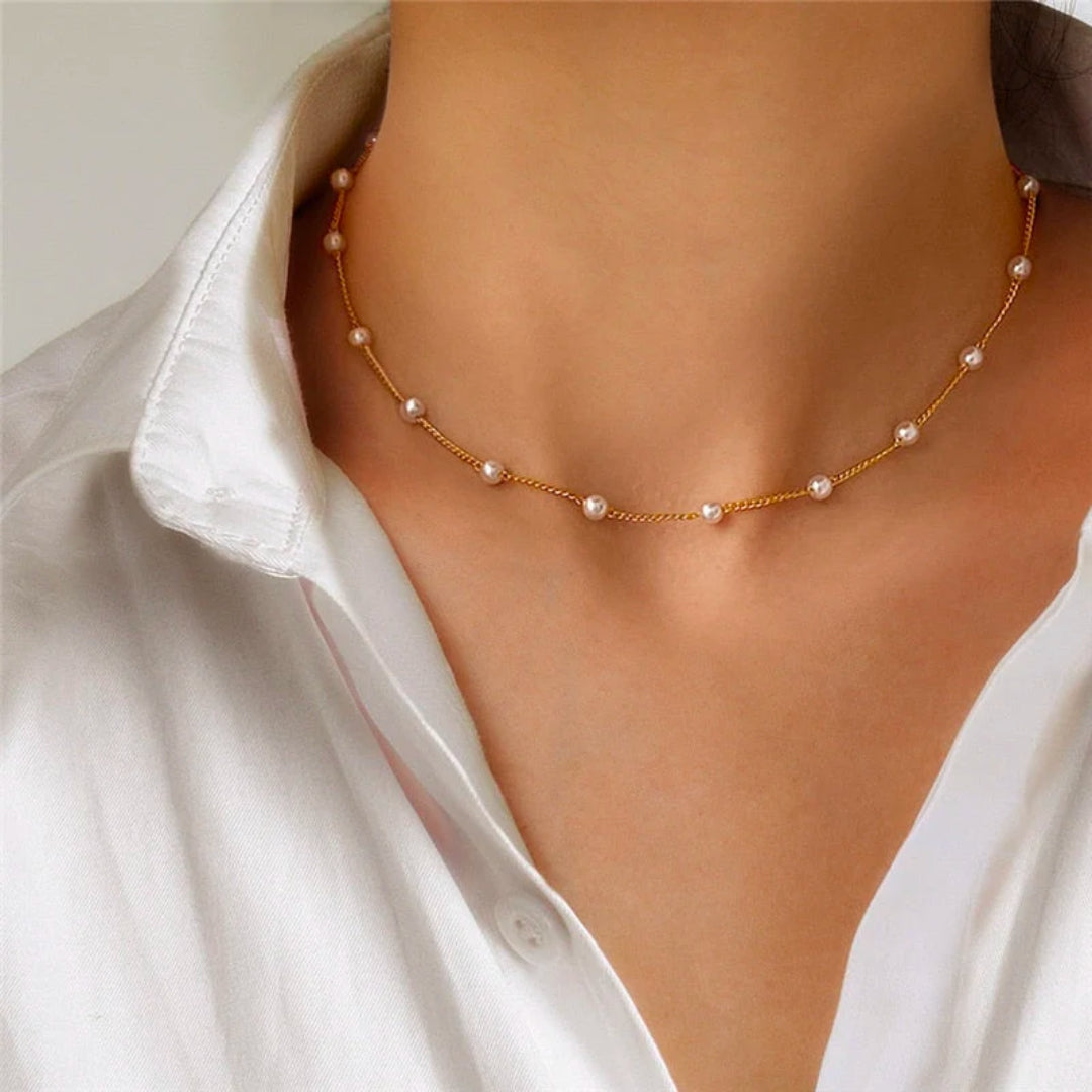 Gold Chain Necklace with Small Pearls